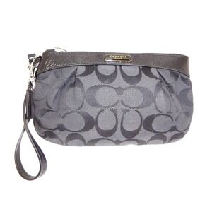 Coach Signature Jacquard Pleated Wristlet Black Grey Leather Trim Logo Plaque‎